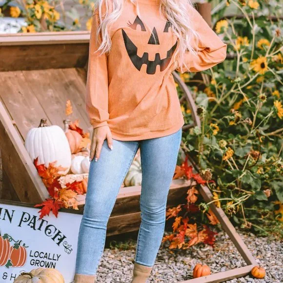 Orange Pumpkin Smile Face Graphic Sweatshirt - Picture 2 of 9